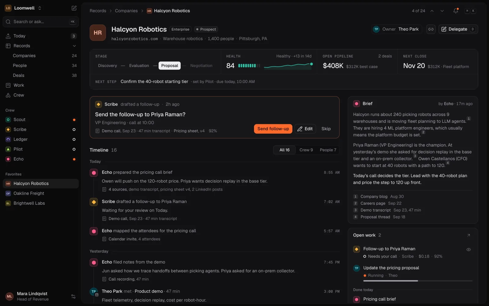 A company record for Halcyon Robotics with a stage stepper, a timeline of agent actions with receipts, and a cited brief.