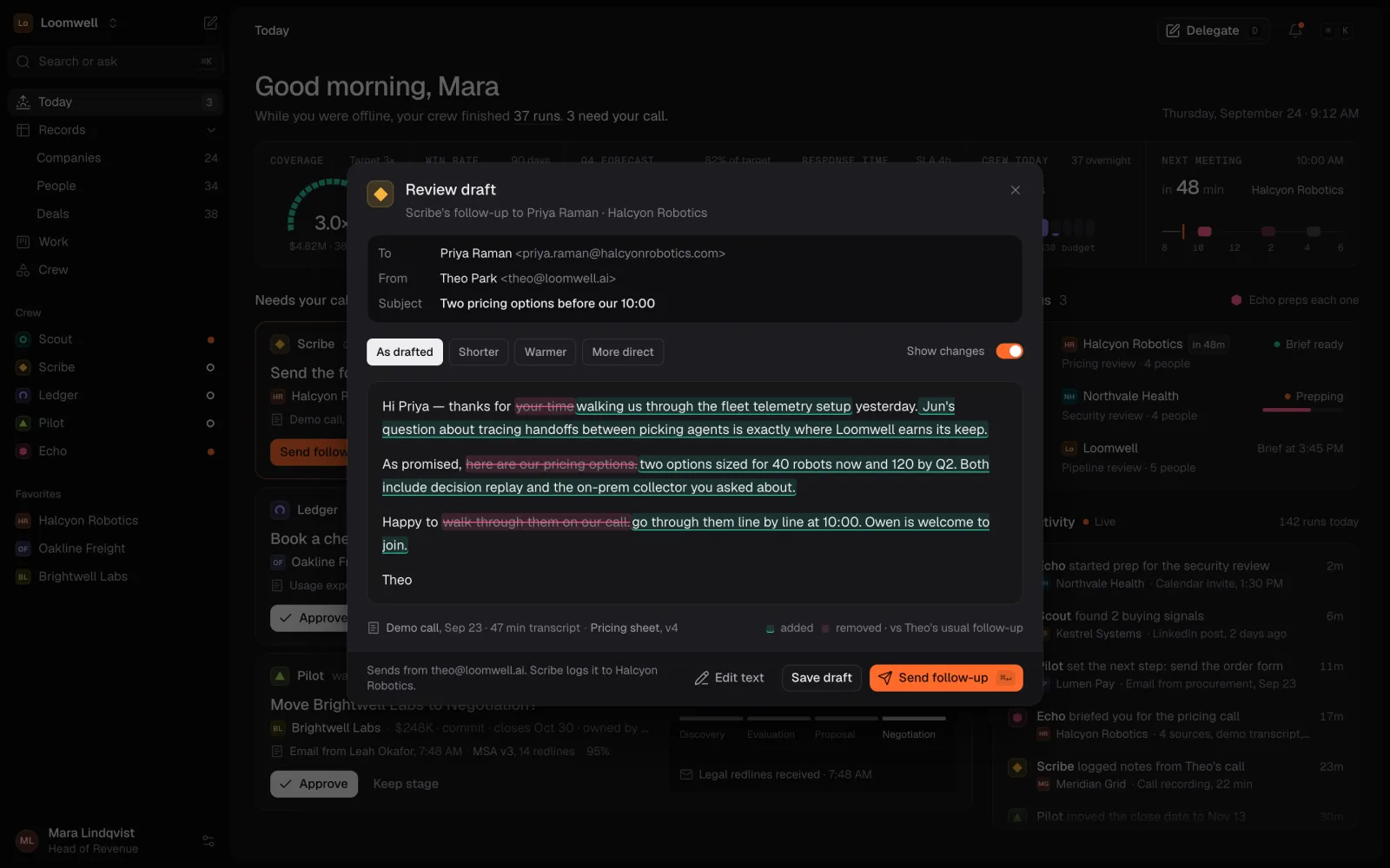 The Review draft dialog: the Scribe agent's follow-up email with tracked edits and tone chips.